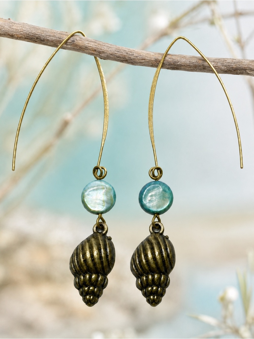 Blue Mother of Pearl Seashell Earrings Art Nouveau Inspired